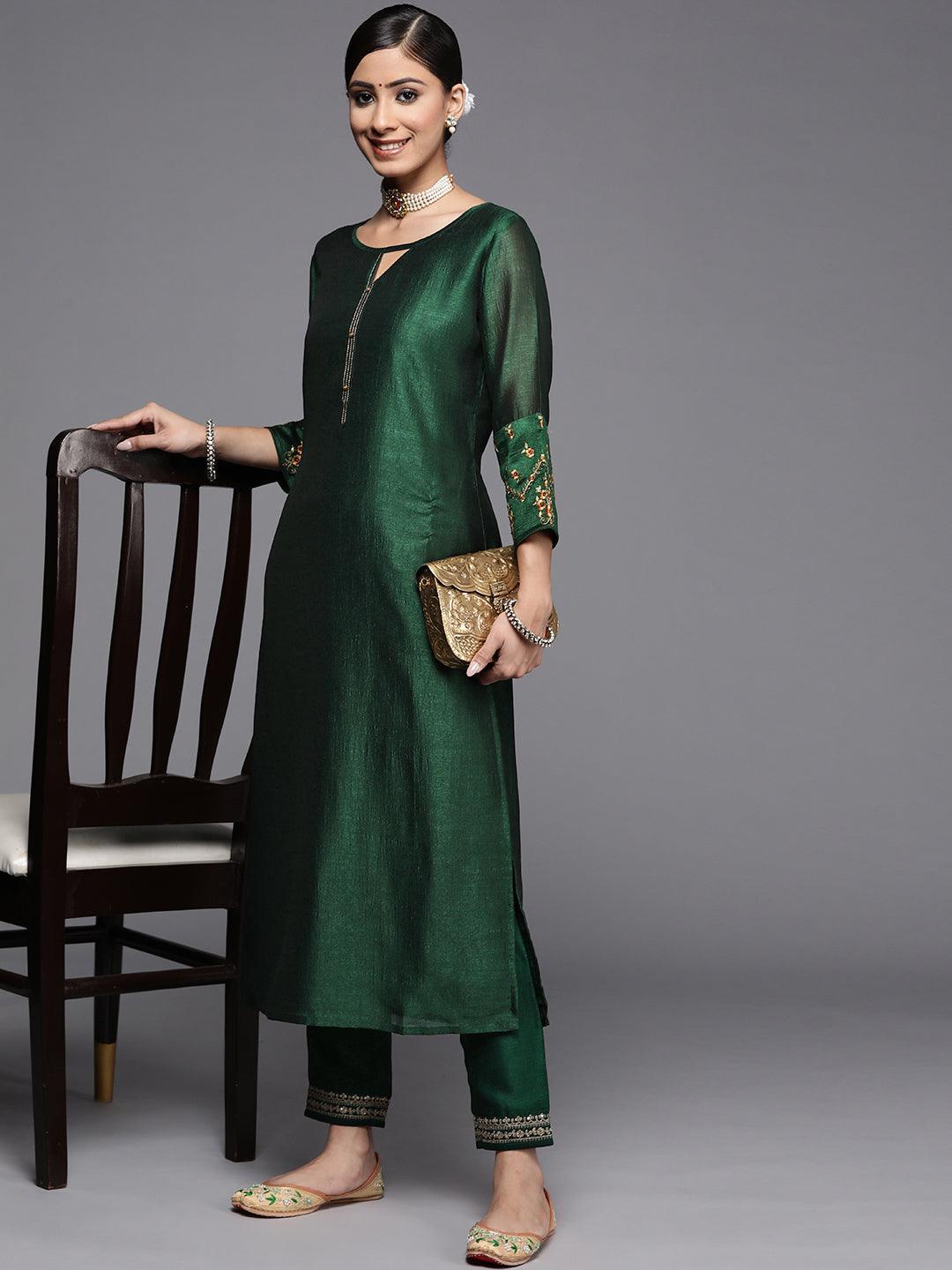 Green Solid Silk Kurta - ShopLibas