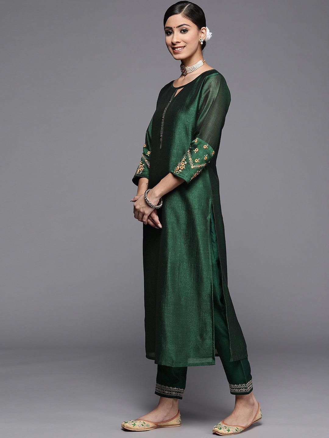 Green Solid Silk Kurta - ShopLibas