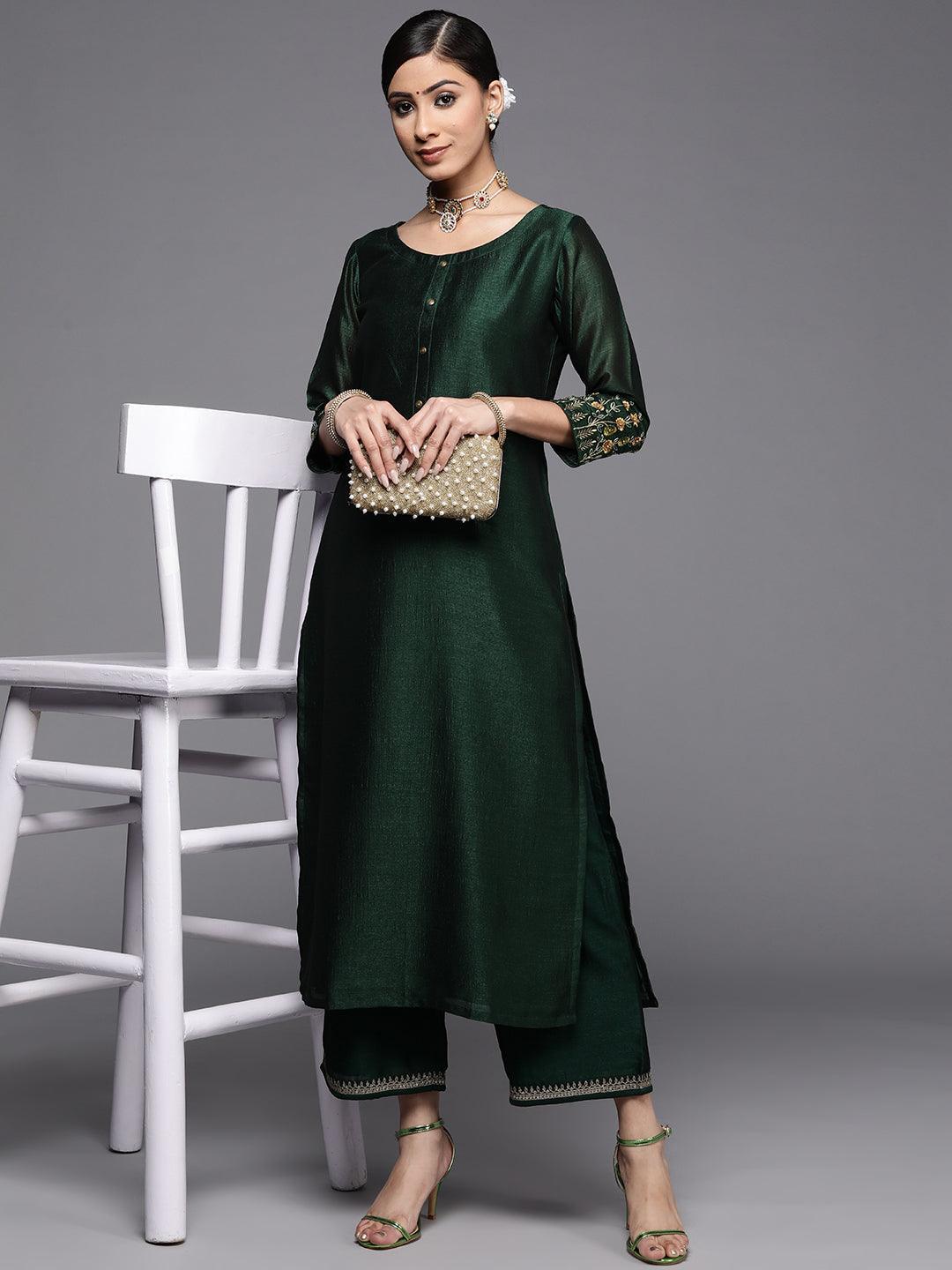 Green Solid Silk Kurta - ShopLibas