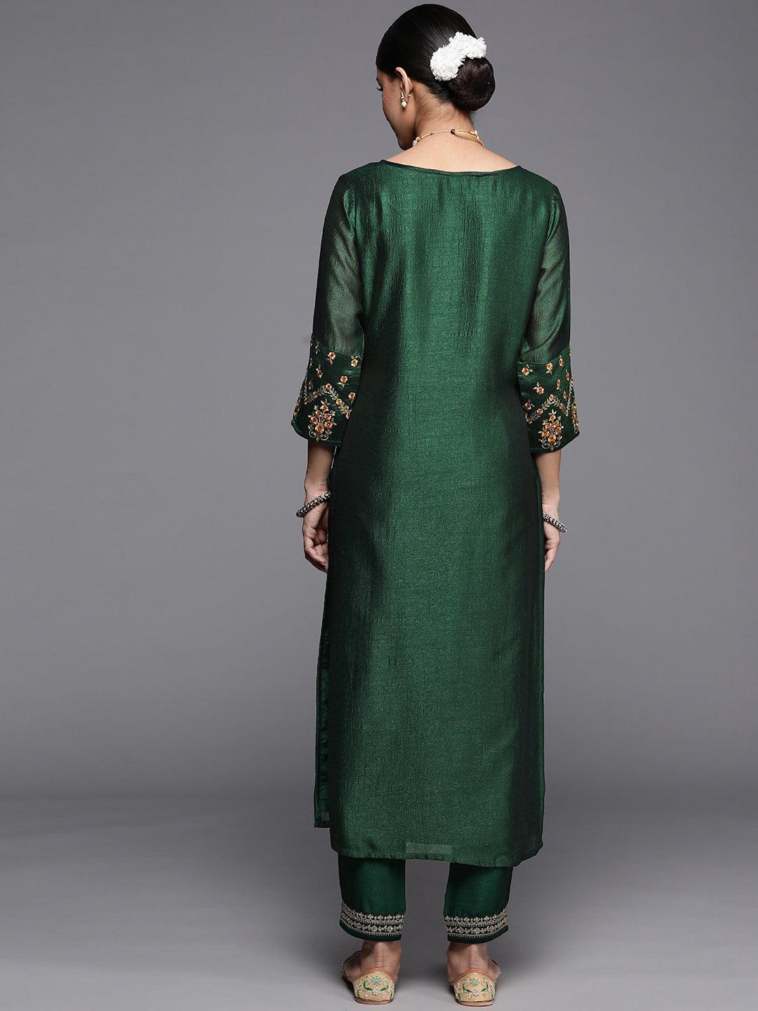 Green Solid Silk Kurta - ShopLibas