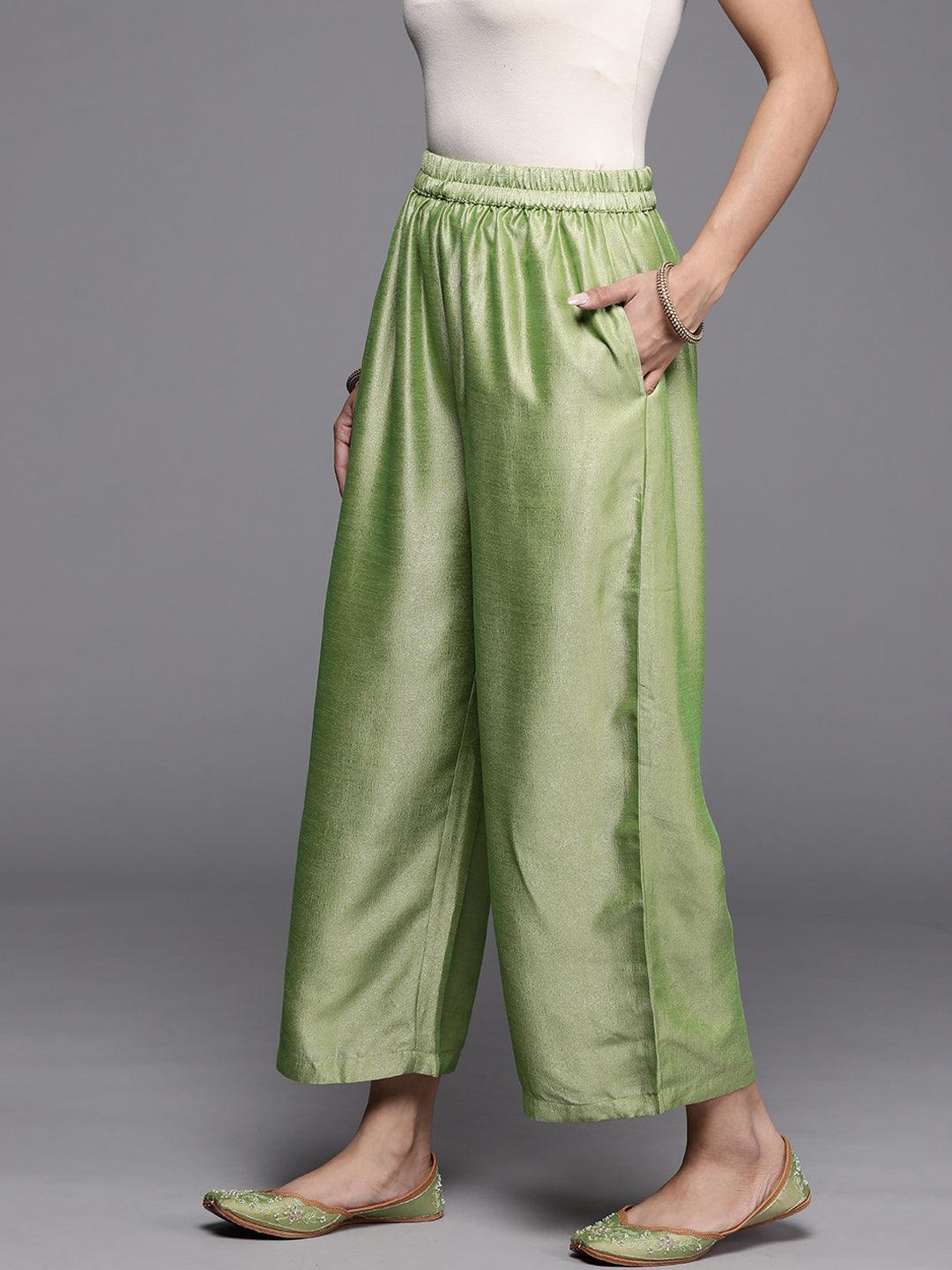 Green Solid Silk Palazzos - ShopLibas