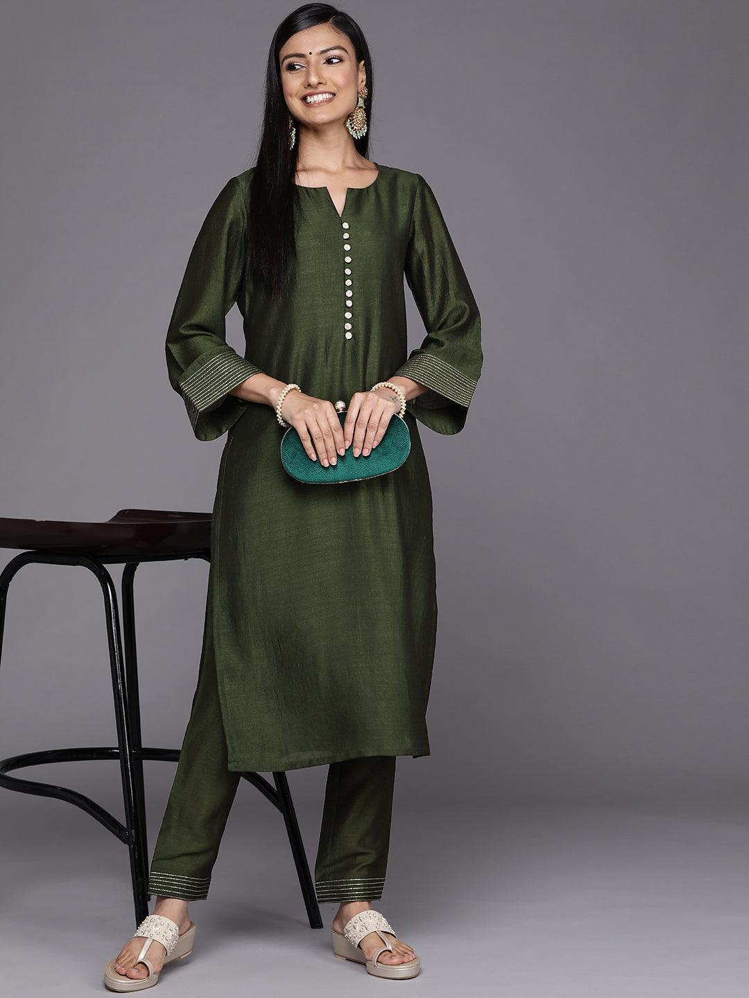 Green Solid Silk Straight Kurta - ShopLibas