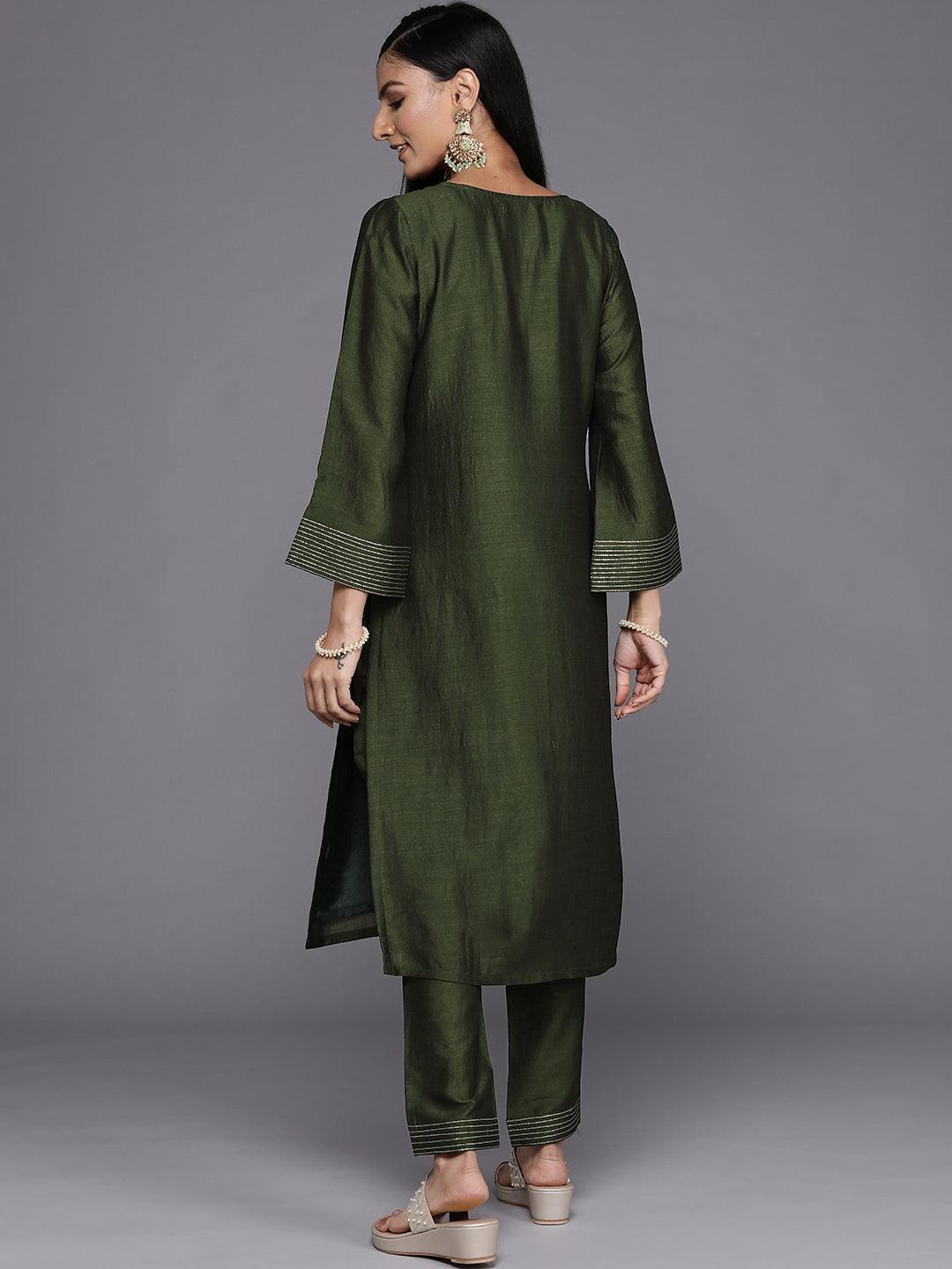 Green Solid Silk Straight Kurta - ShopLibas