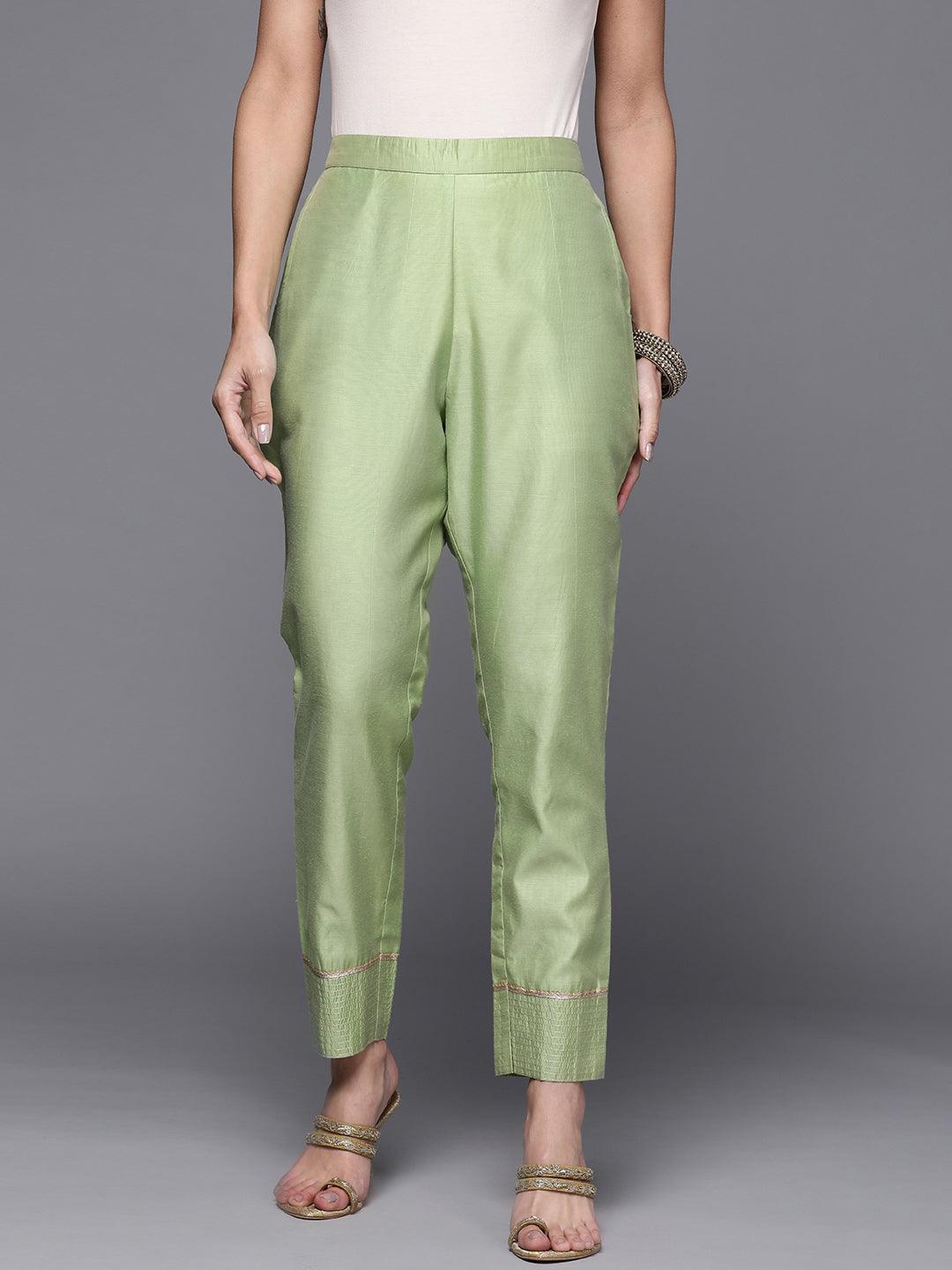 Green Solid Silk Trousers - ShopLibas