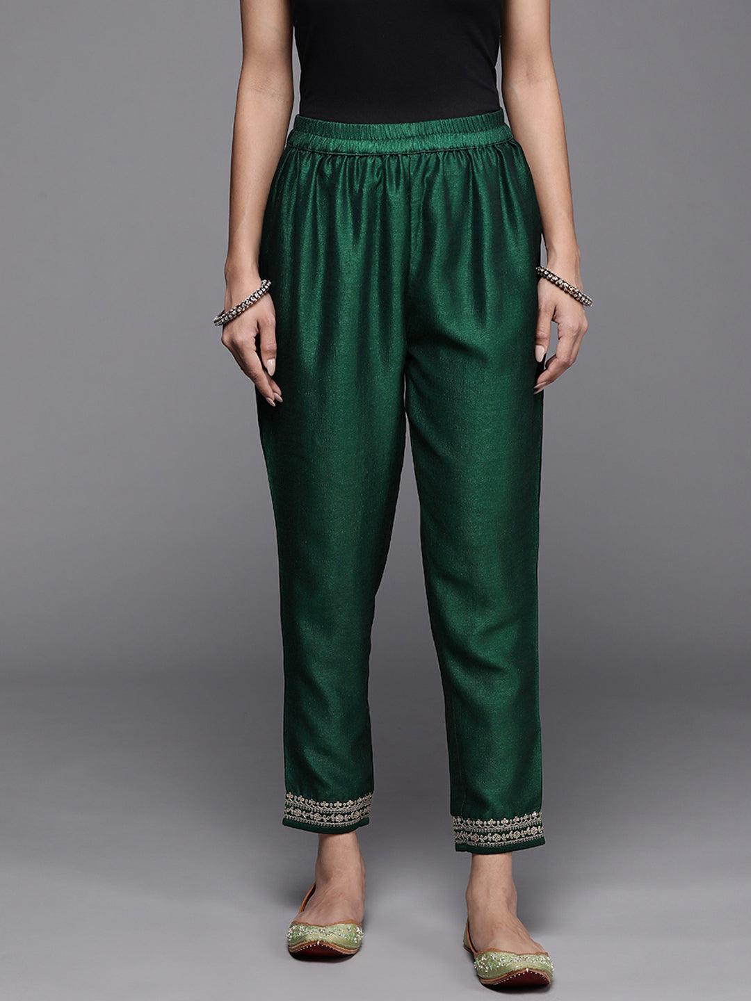 Green Solid Silk Trousers - ShopLibas