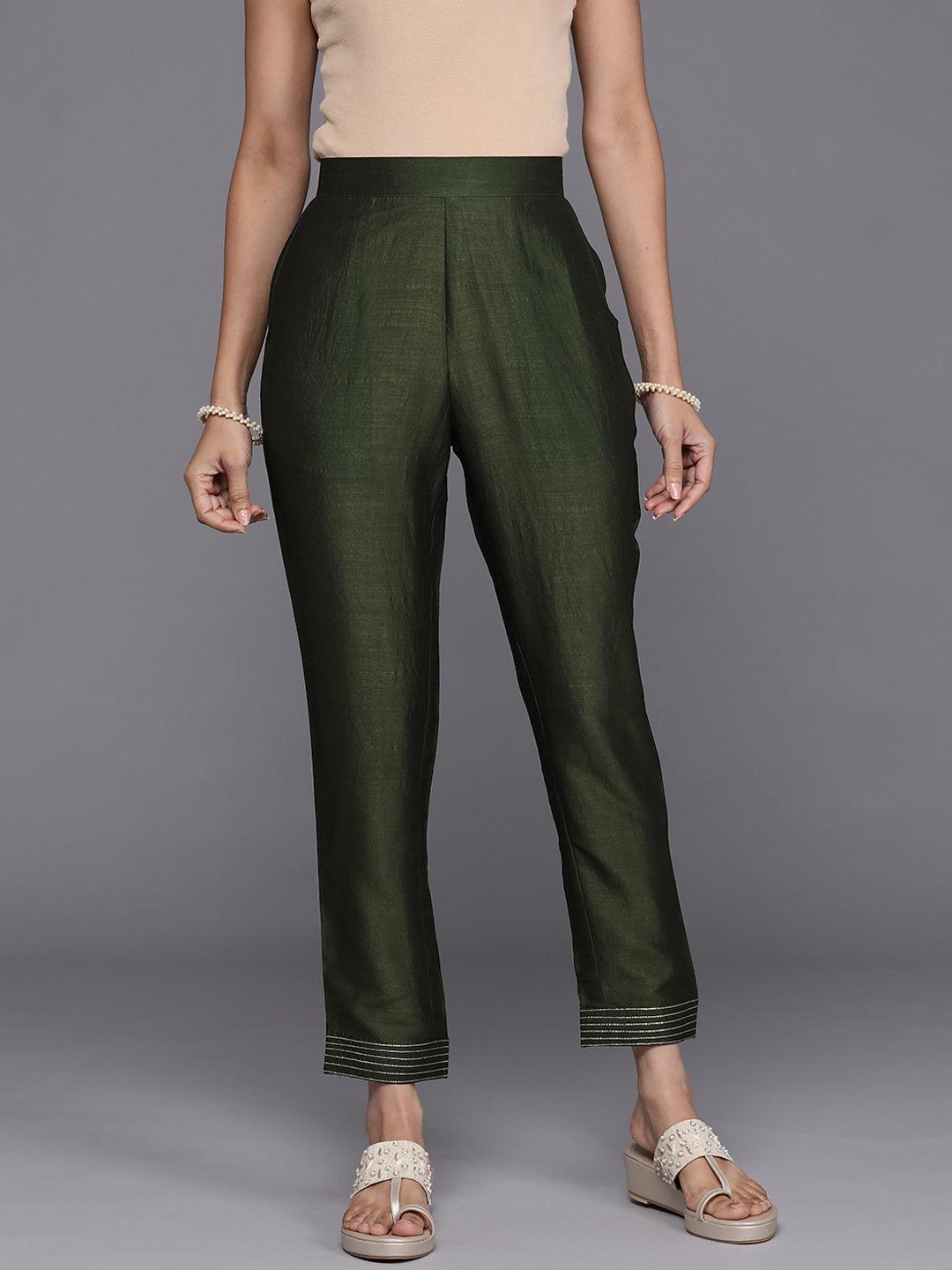 Green Solid Silk Trousers - ShopLibas