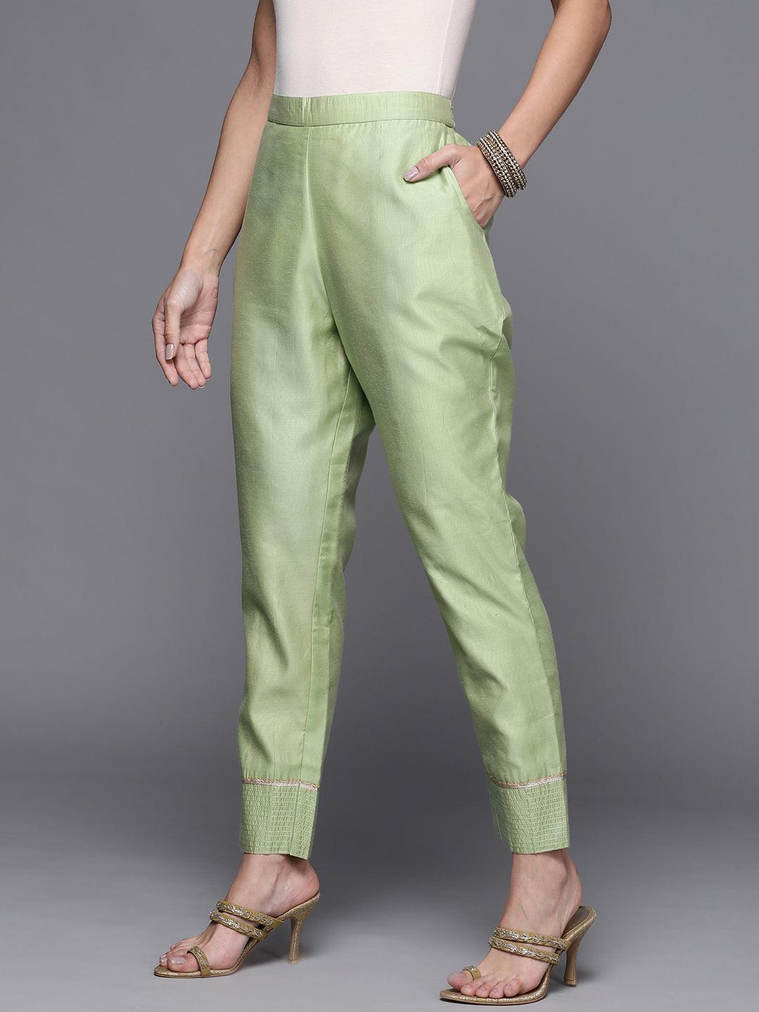 Green Solid Silk Trousers - ShopLibas