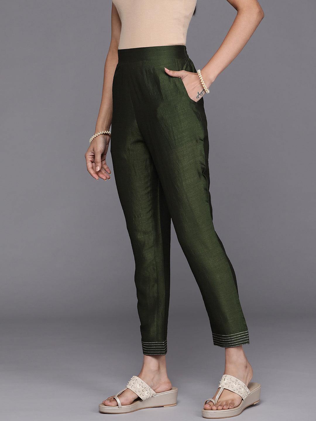 Green Solid Silk Trousers - ShopLibas