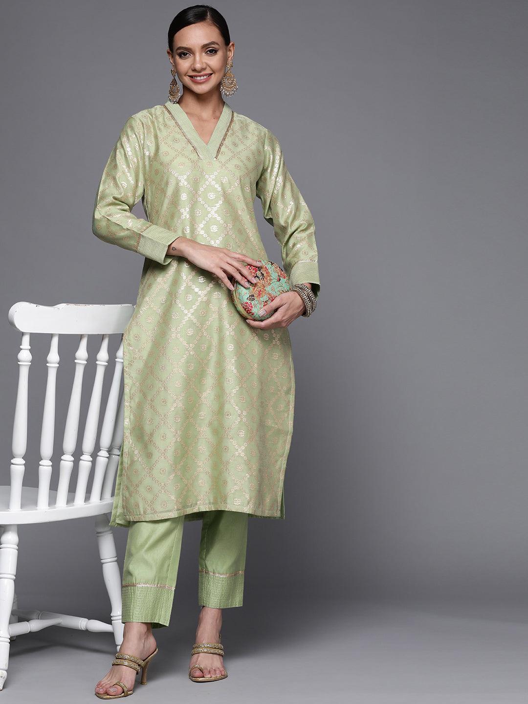 Green Solid Silk Trousers - ShopLibas