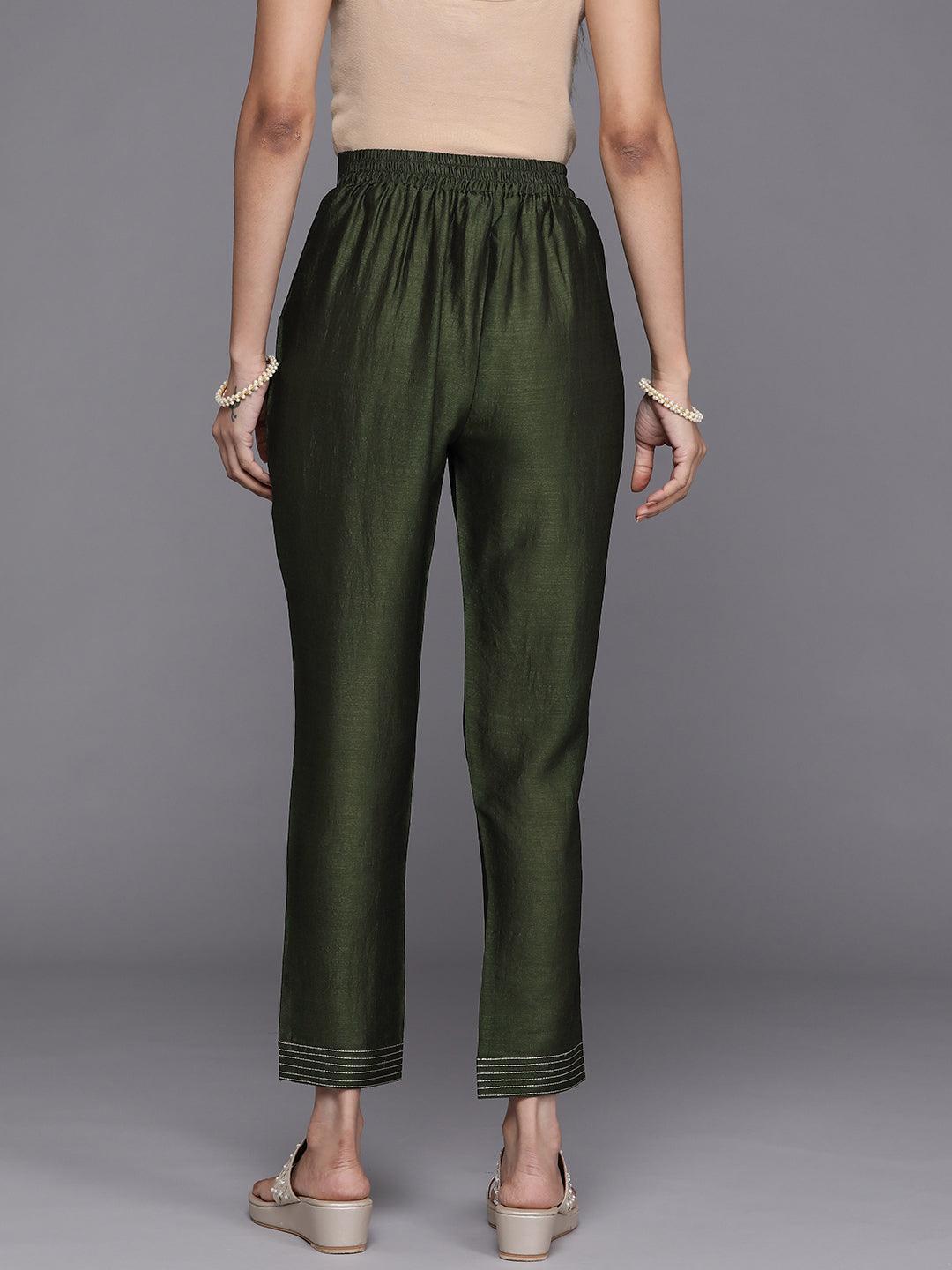 Green Solid Silk Trousers - ShopLibas
