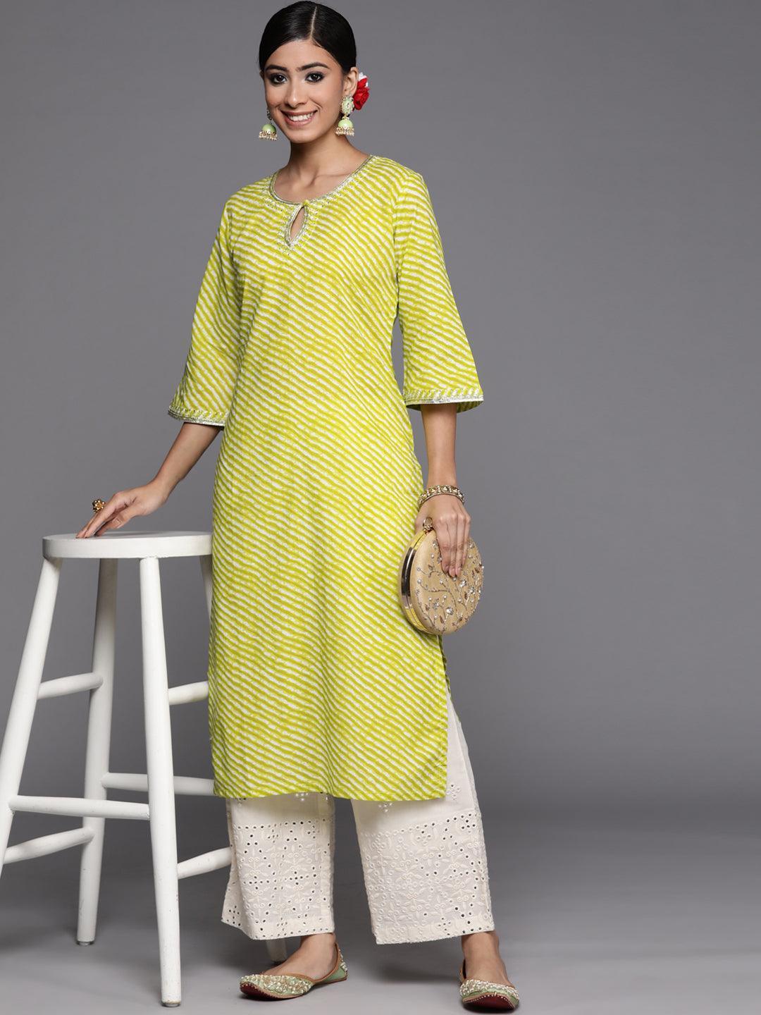 Green Striped Cotton Straight Kurta - ShopLibas