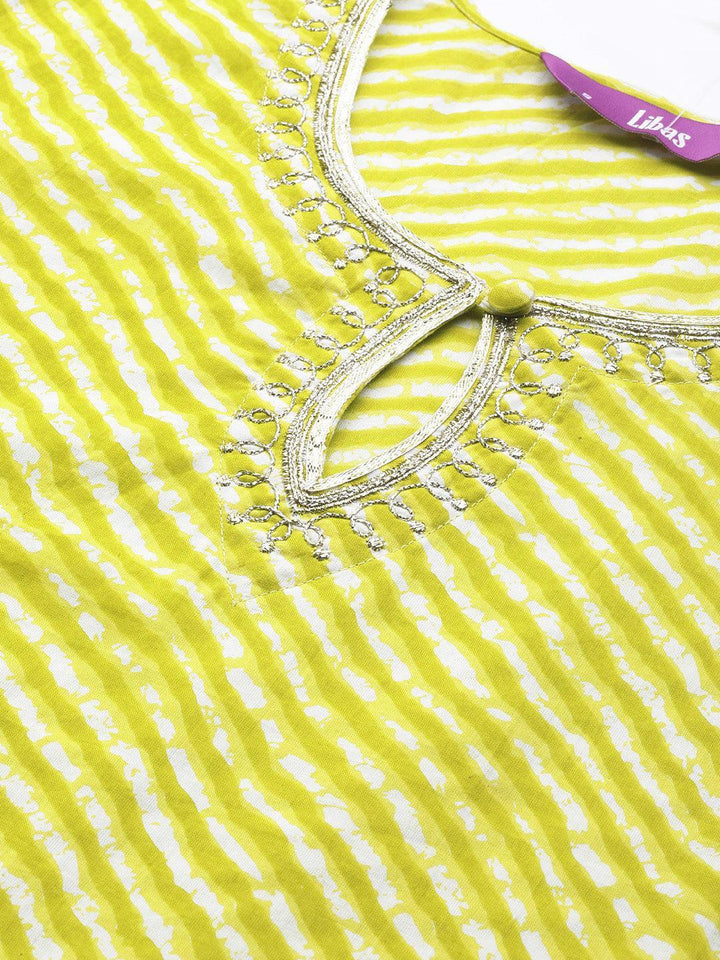 Green Striped Cotton Straight Kurta