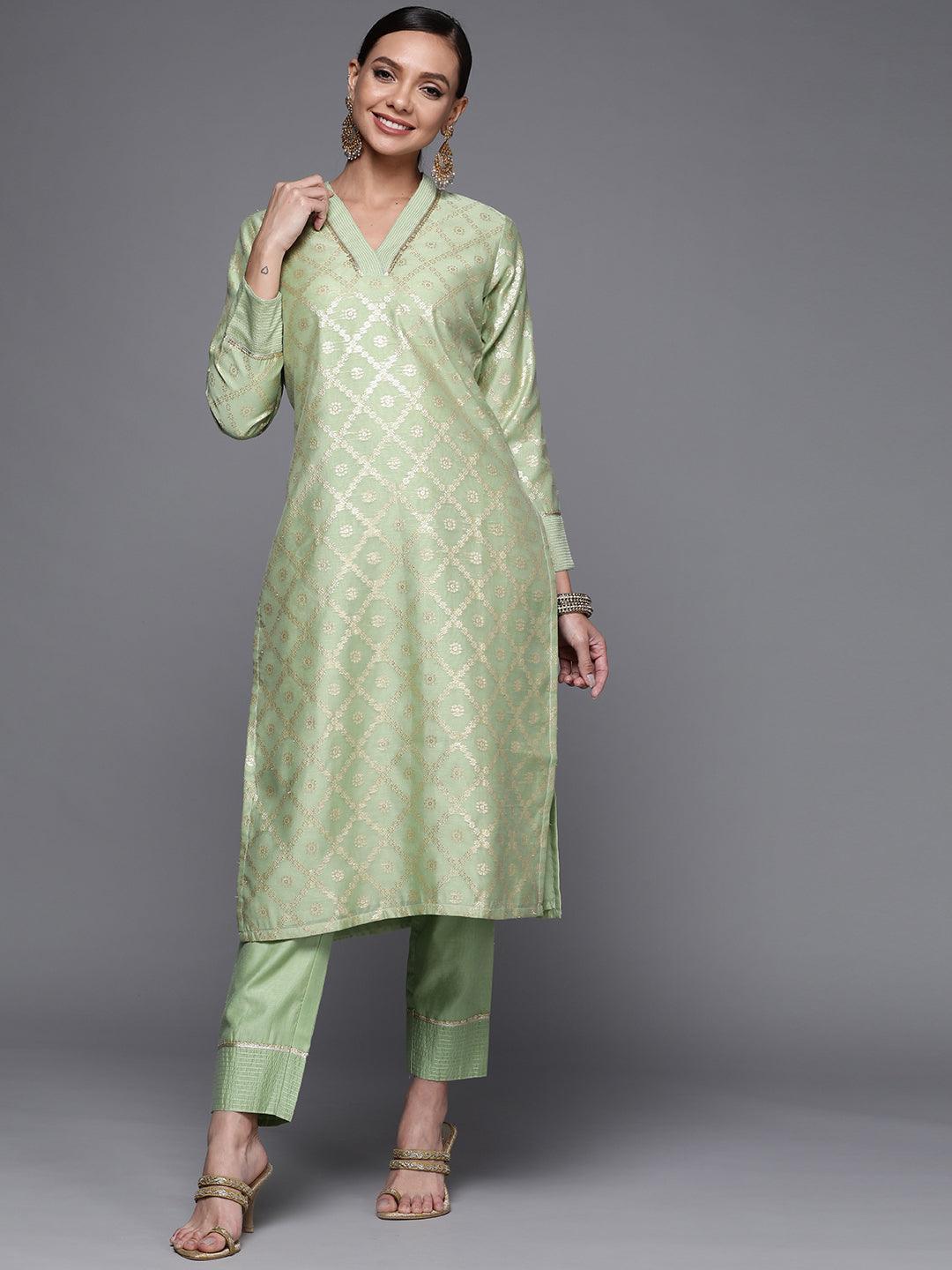 Green Woven Design Chanderi Silk Straight Kurta - ShopLibas