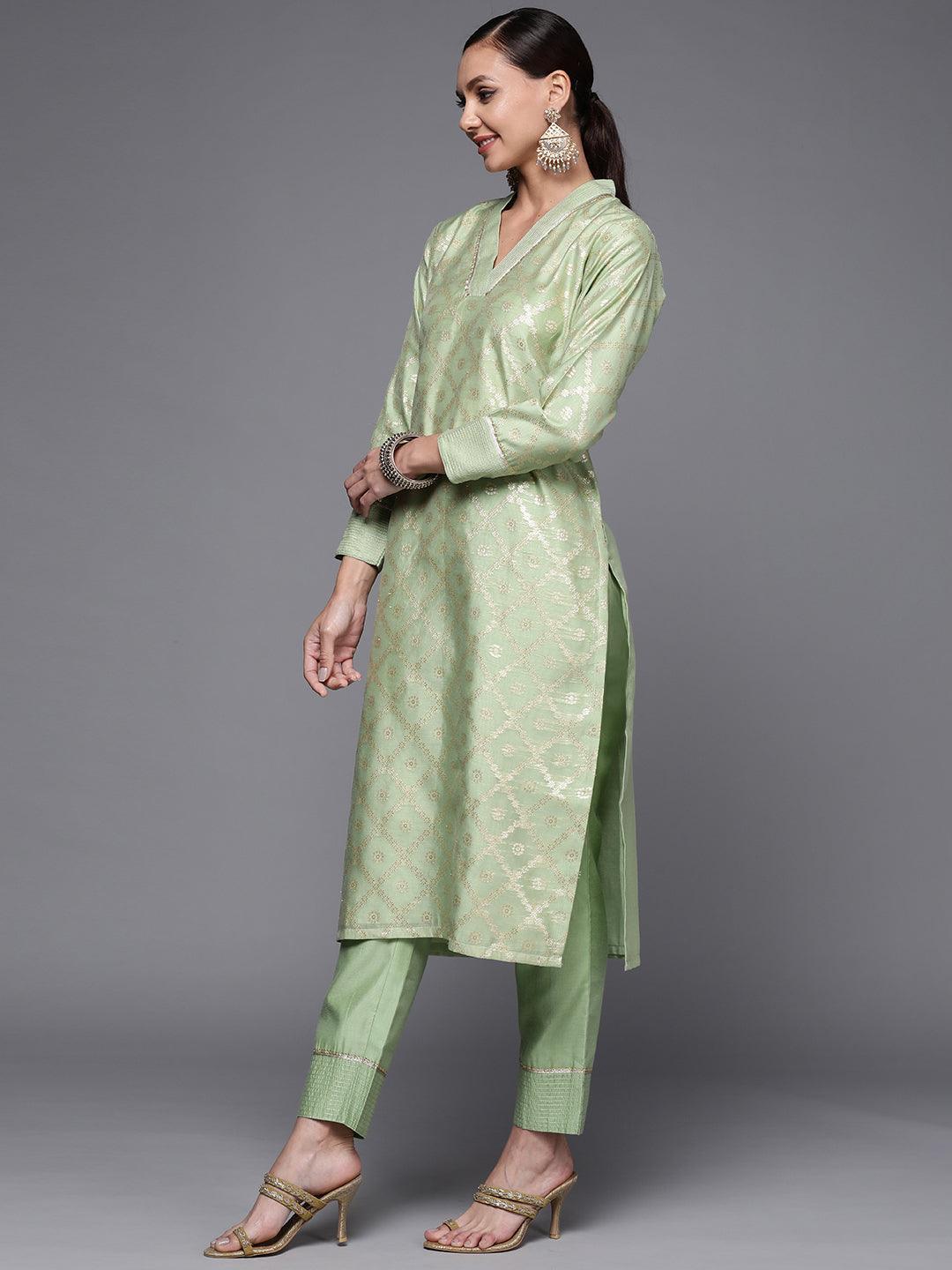 Green Woven Design Chanderi Silk Straight Kurta - ShopLibas