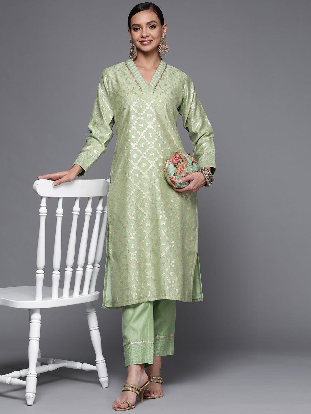 Green Woven Design Chanderi Silk Straight Kurta - ShopLibas