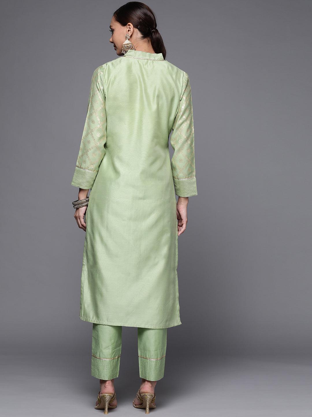 Green Woven Design Chanderi Silk Straight Kurta - ShopLibas
