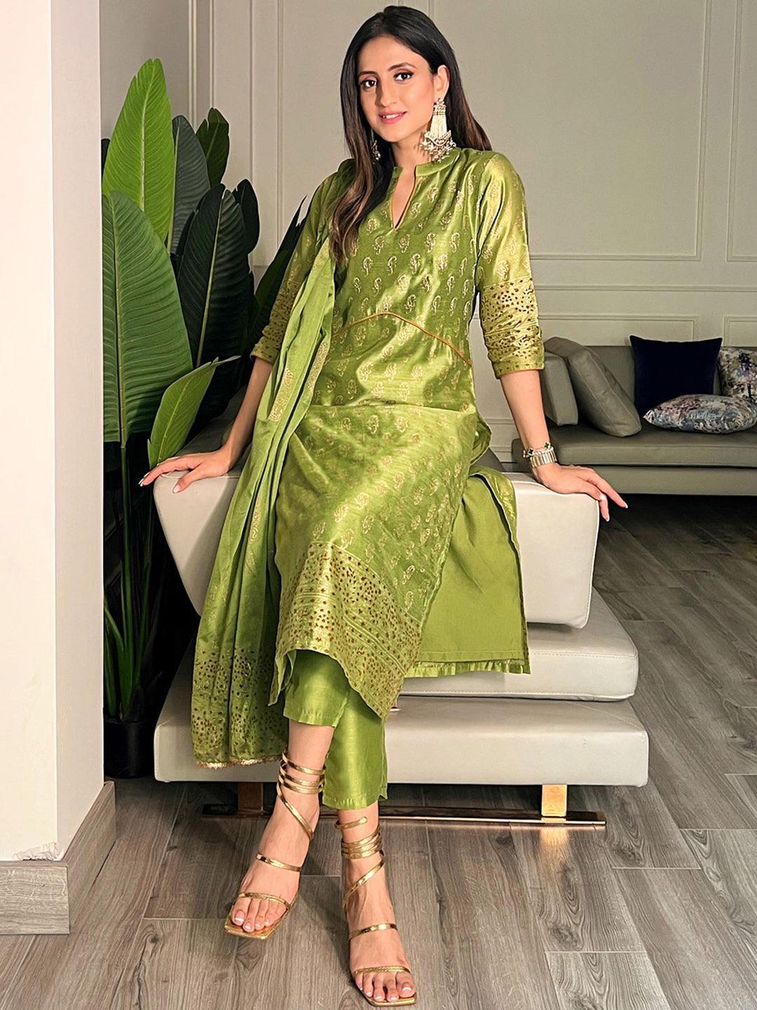 Green Woven Design Chanderi Silk Suit Set - ShopLibas