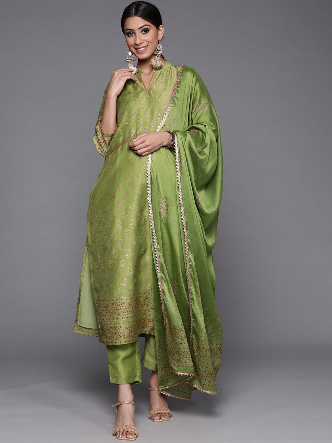 Green Woven Design Chanderi Silk Suit Set - ShopLibas