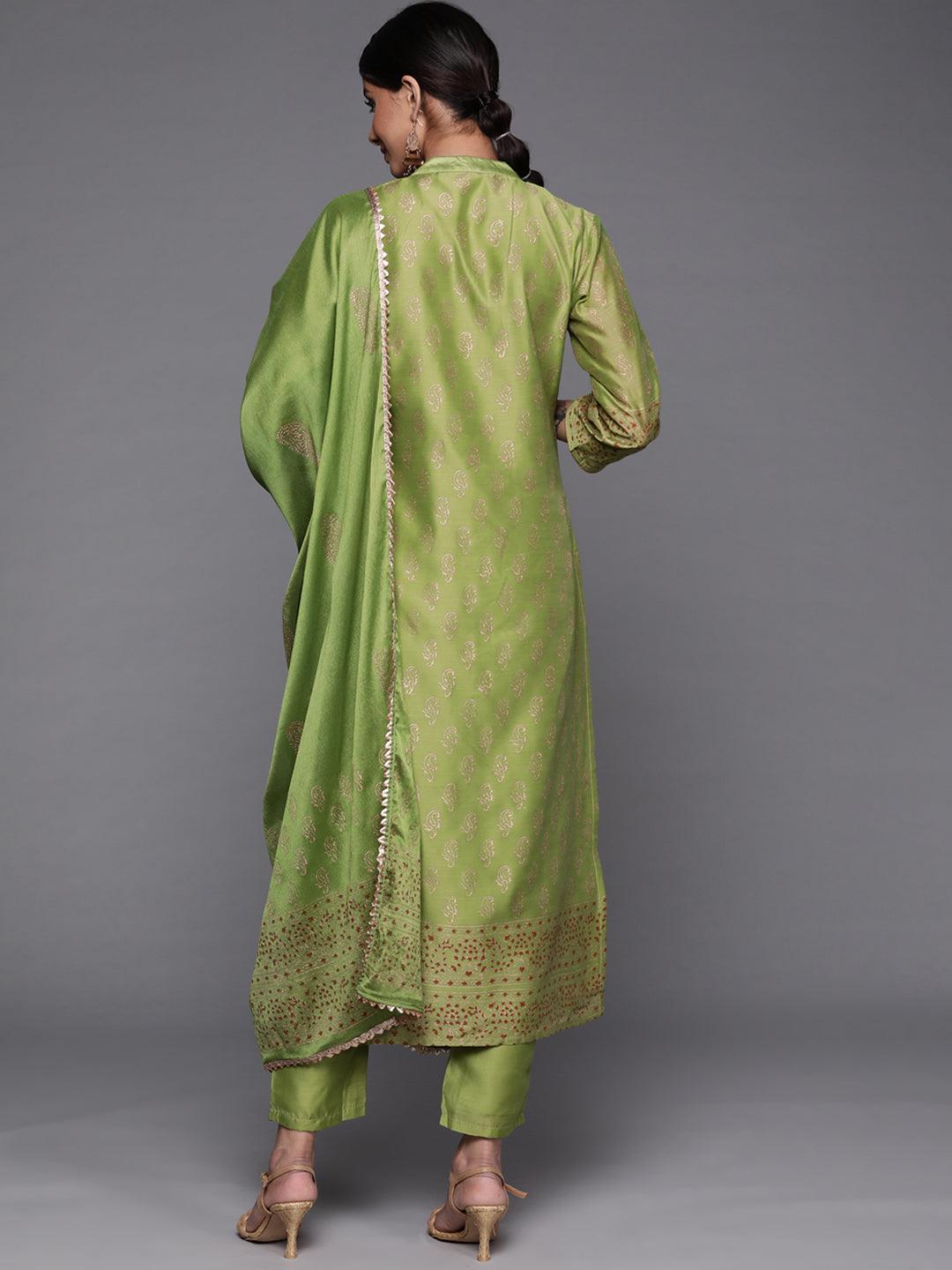 Green Woven Design Chanderi Silk Suit Set - ShopLibas