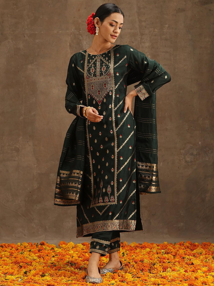 Green Woven Design Silk Blend Straight Suit Set With Trousers