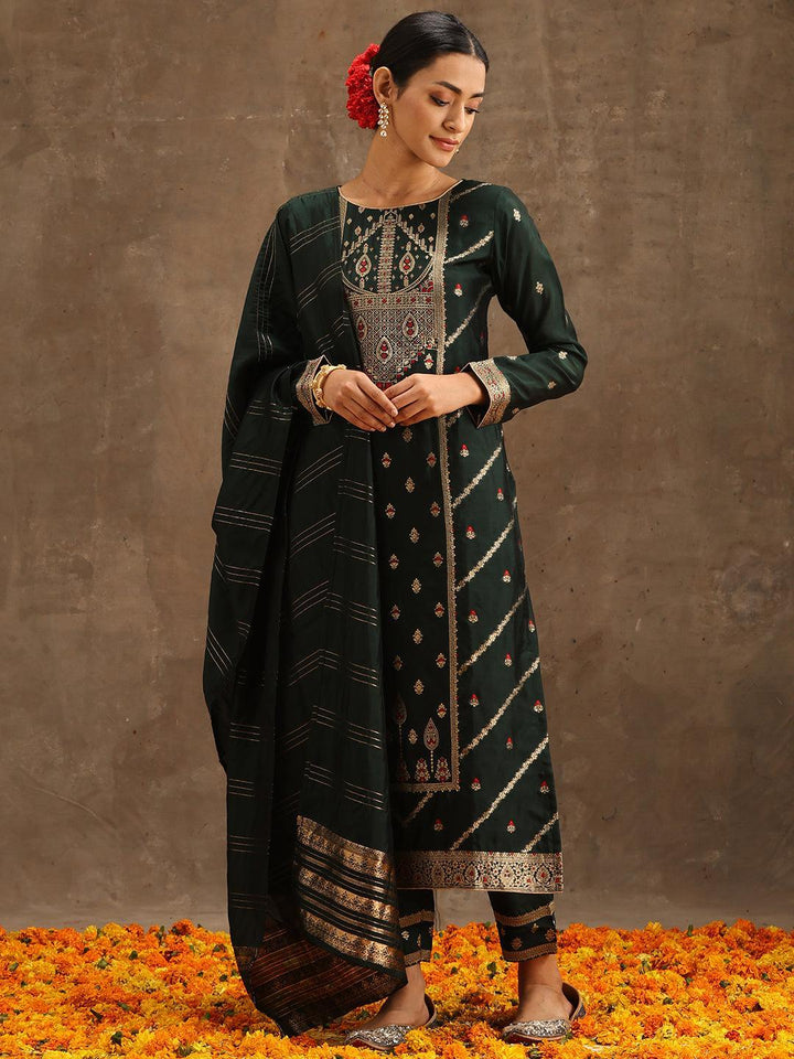 Green Woven Design Silk Blend Straight Suit Set With Trousers