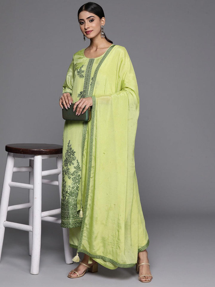 Green Woven Design Silk Blend Straight Kurta With Trousers & Dupatta
