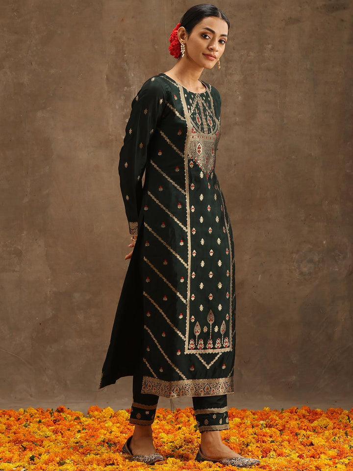 Green Woven Design Silk Blend Straight Suit Set With Trousers