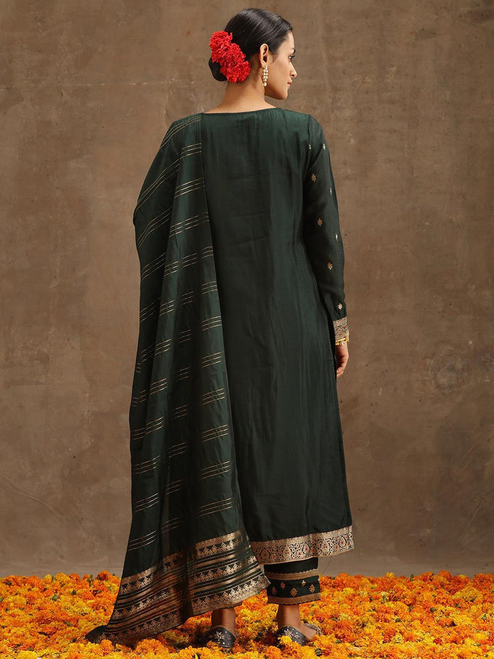 Green Woven Design Silk Blend Straight Suit Set With Trousers