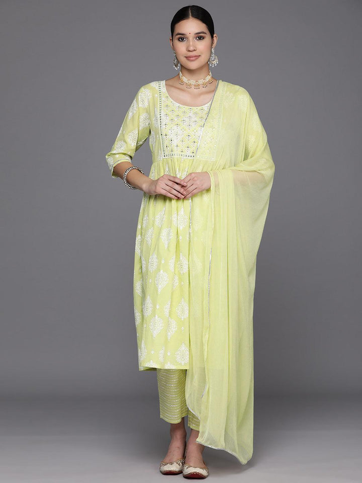 Green Yoke Design Cotton A-Line Kurta With Trousers & Dupatta