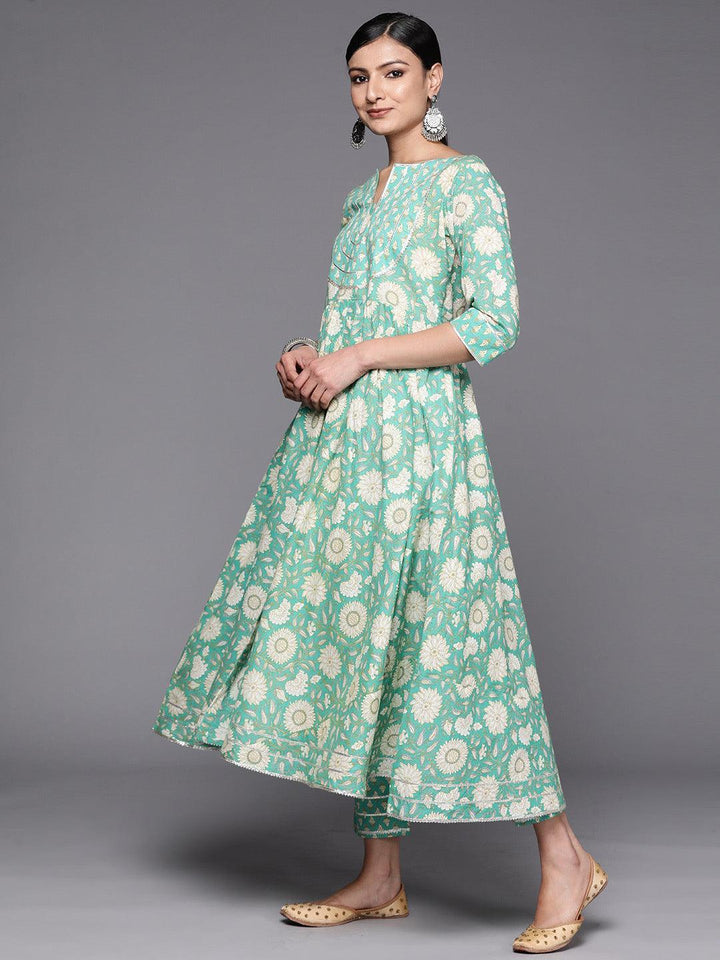 Green Yoke Design Cotton Anarkali Suit Set With Trousers