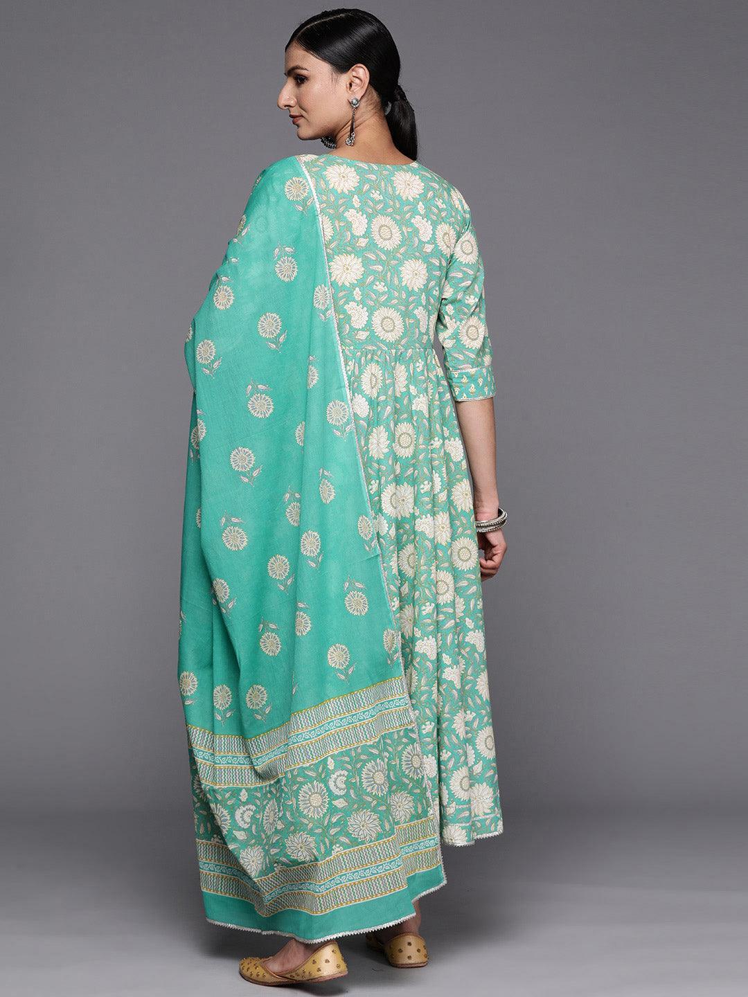 Green Yoke Design Cotton Anarkali Suit Set With Trousers - ShopLibas