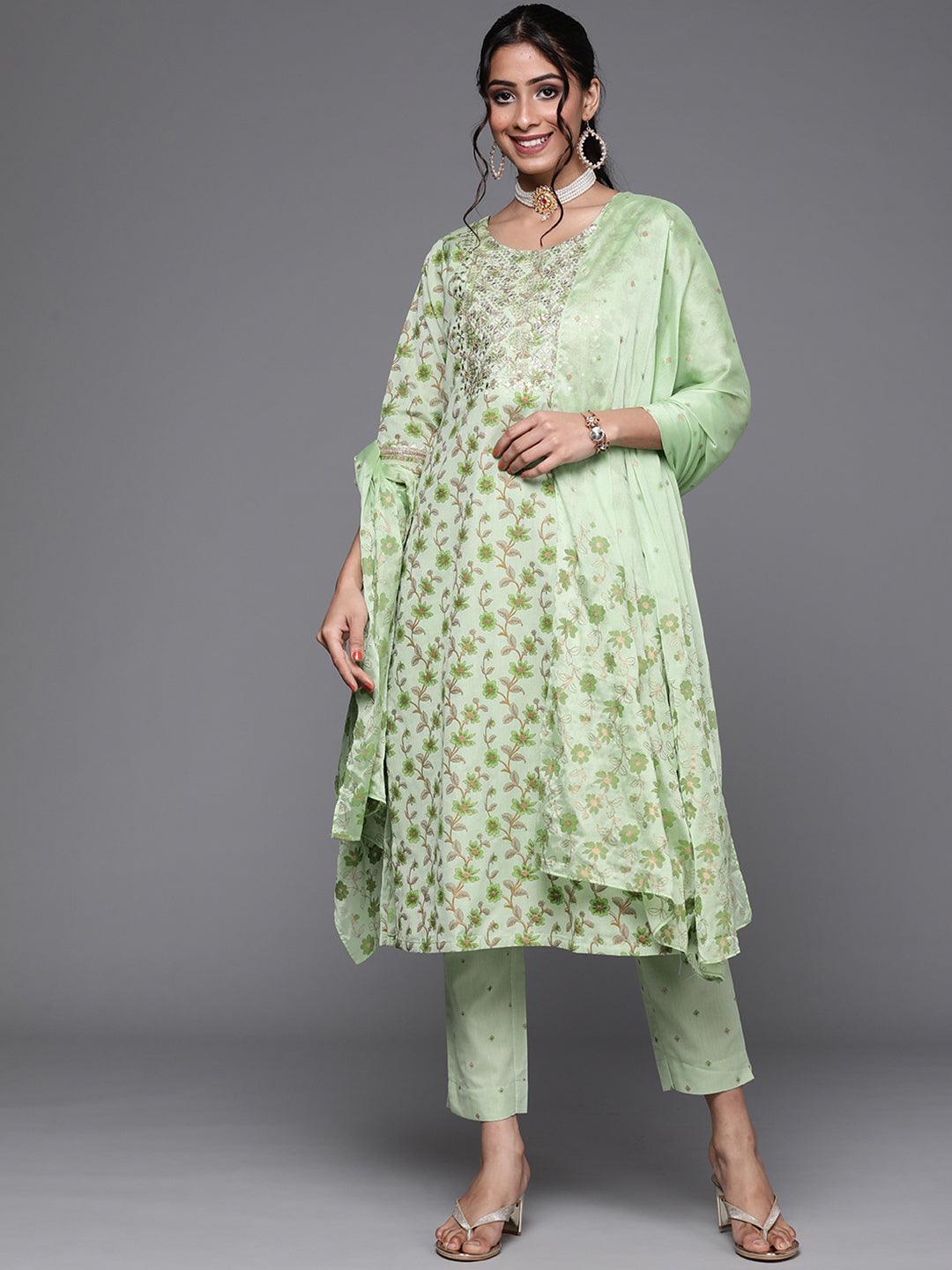 Green Yoke Design Cotton Suit Set - ShopLibas