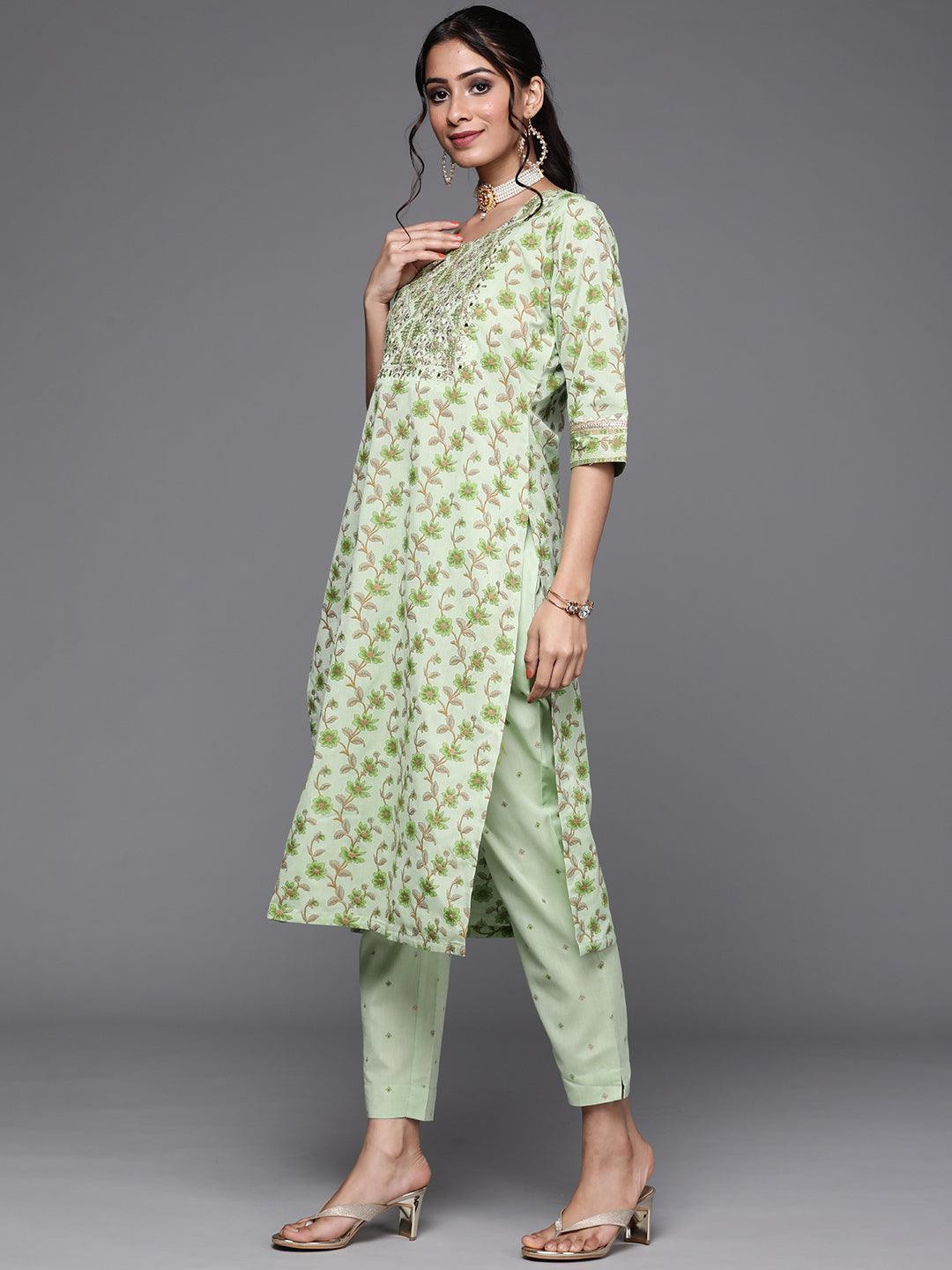 Green Yoke Design Cotton Suit Set - ShopLibas