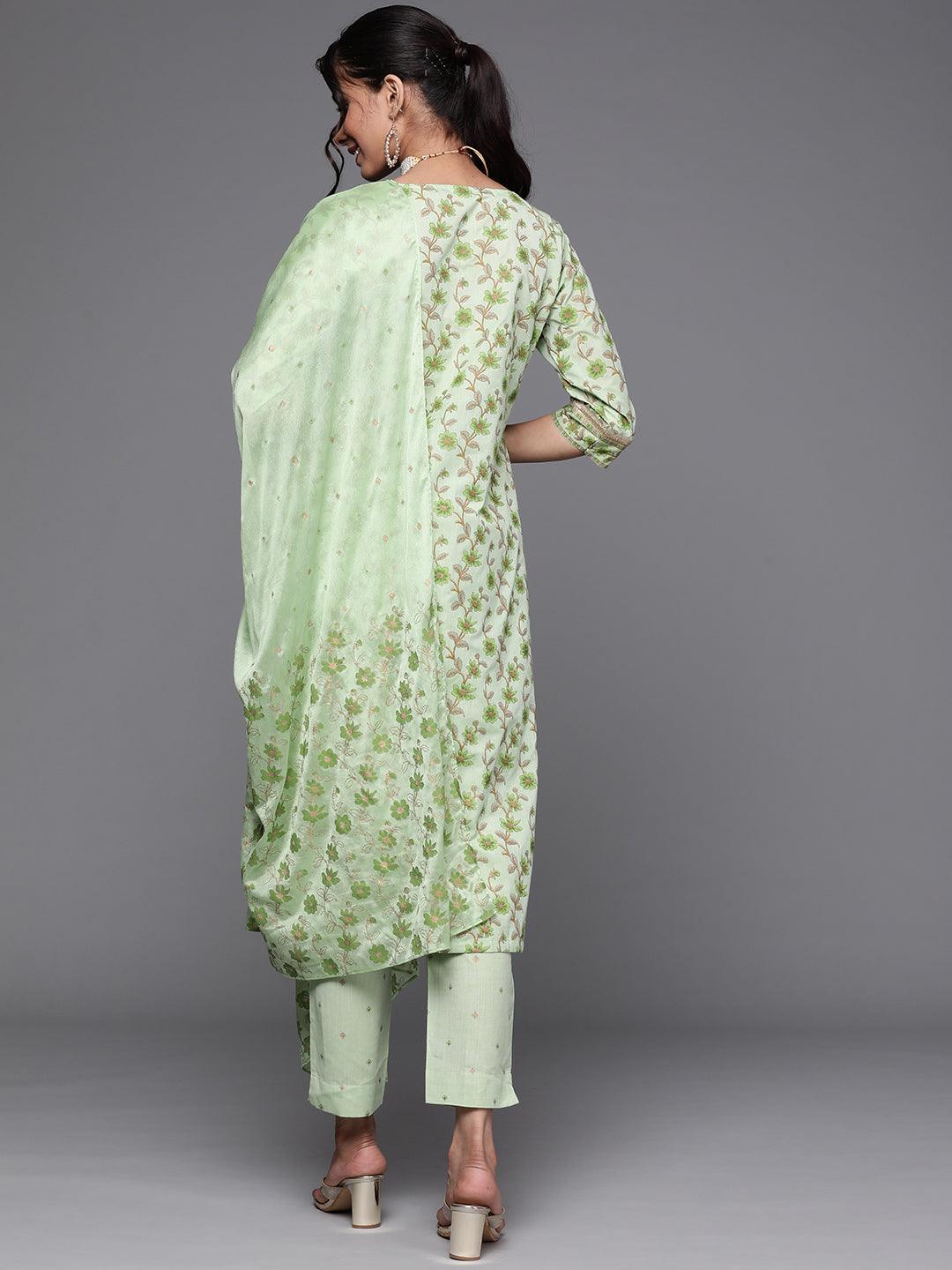 Green Yoke Design Cotton Suit Set - ShopLibas