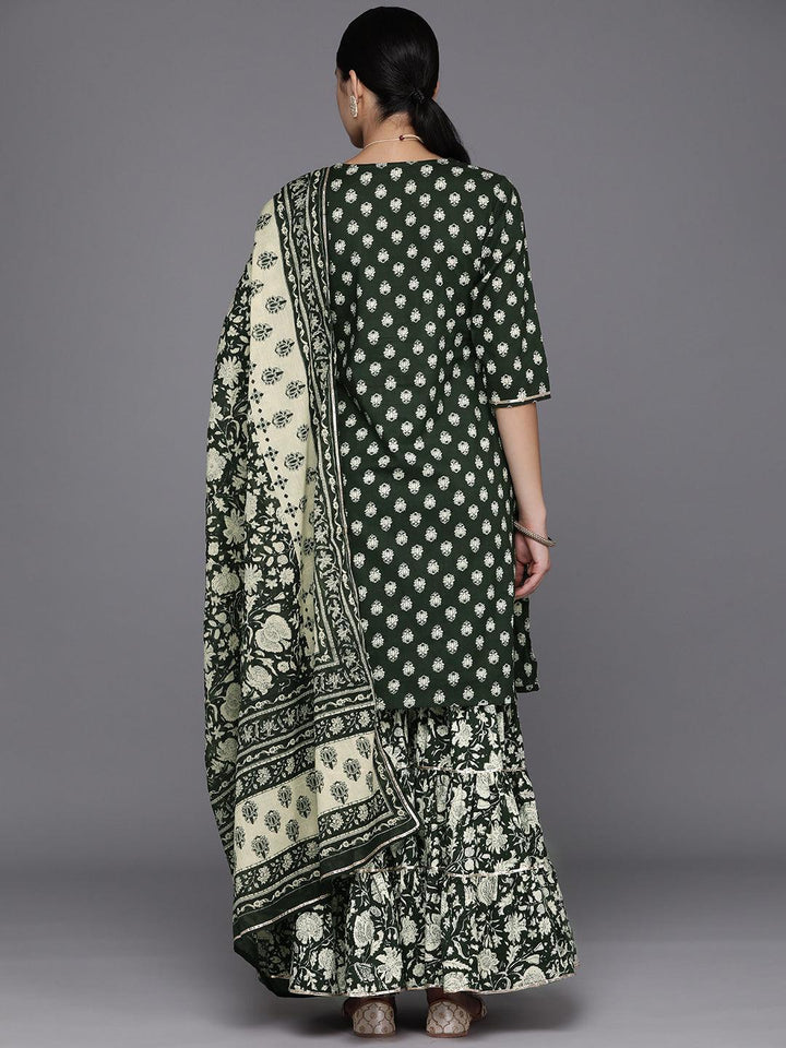 Green Yoke Design Cotton Straight Kurta With Sharara & Dupatta