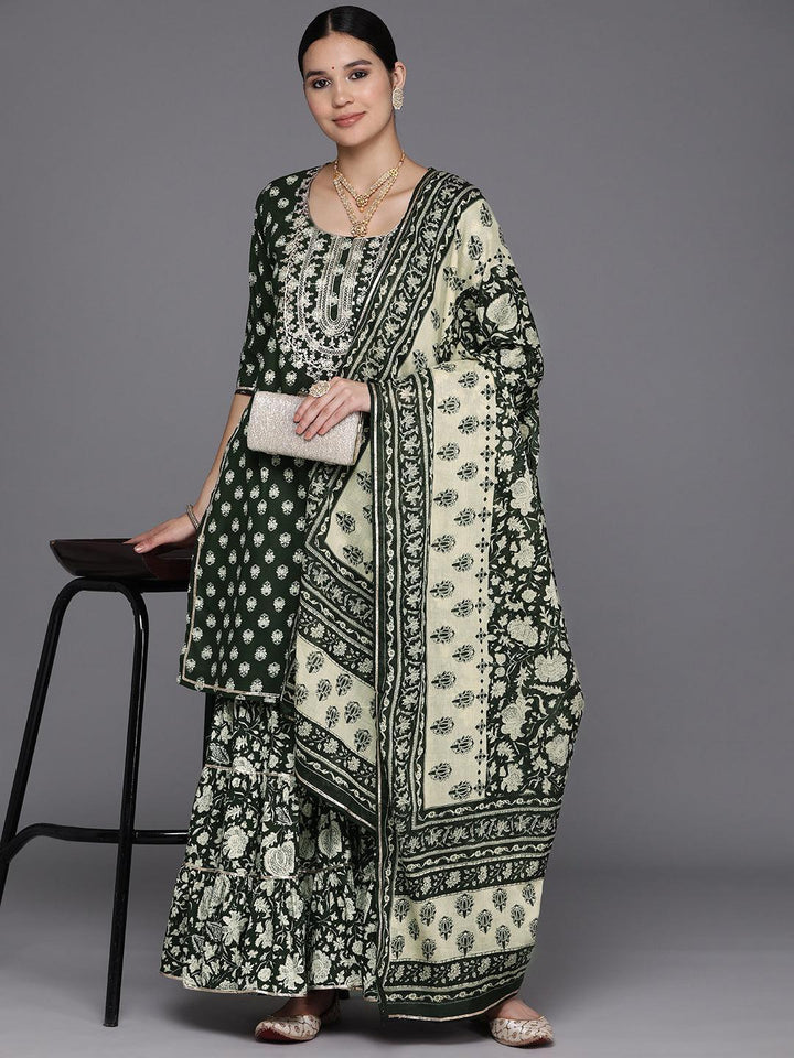 Green Yoke Design Cotton Straight Kurta With Sharara & Dupatta