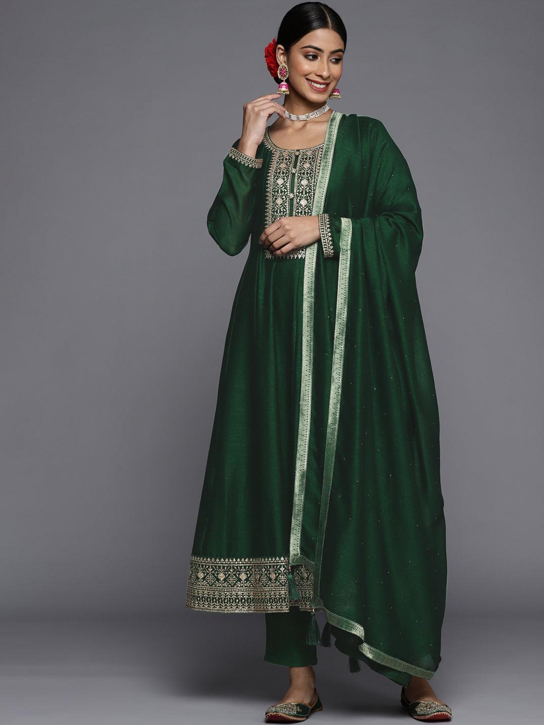 Green Yoke Design Silk Blend Straight Suit Set - ShopLibas