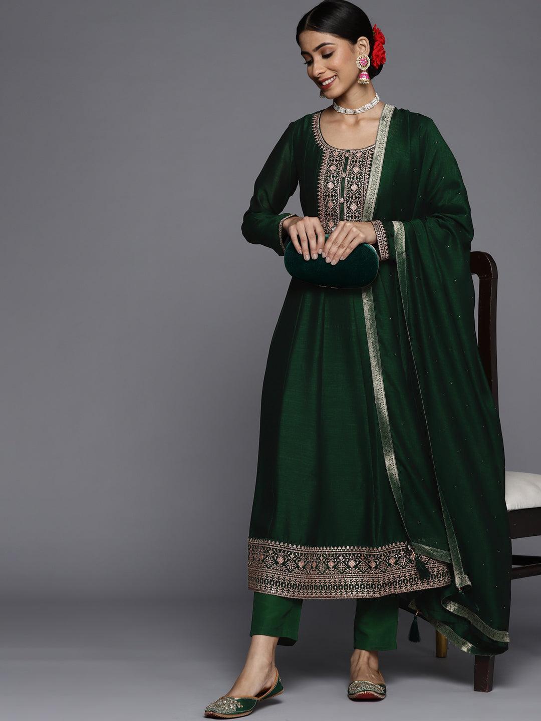 Green Yoke Design Silk Blend Straight Suit Set - ShopLibas