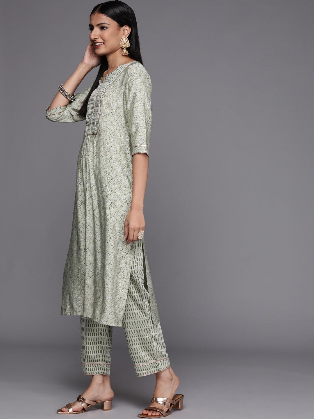 Green Yoke Design Silk Blend Straight Suit Set - ShopLibas
