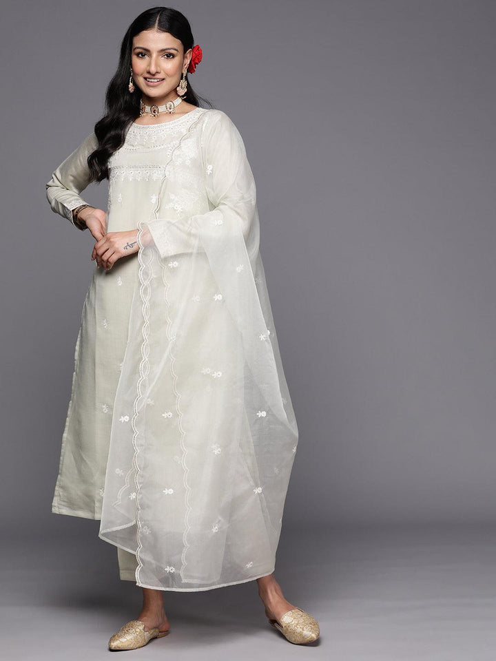 Green Yoke Design Silk Blend Straight Suit Set With Trousers