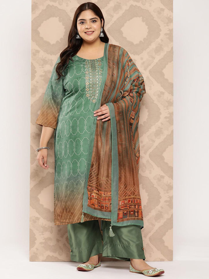 Green Yoke Design Silk Blend Straight Kurta With Trousers and Dupatta