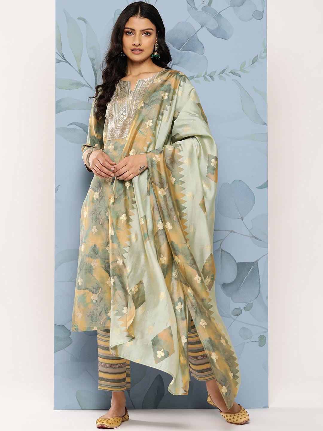 Green Yoke Design Silk Blend Straight Kurta With Dupatta