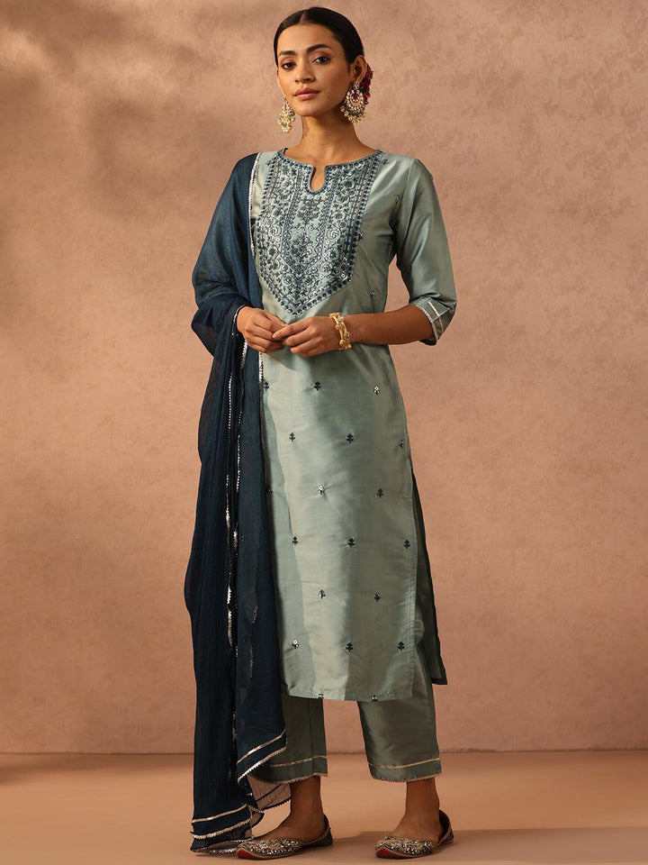 Green Yoke Design Silk Blend Suit Set With Trousers