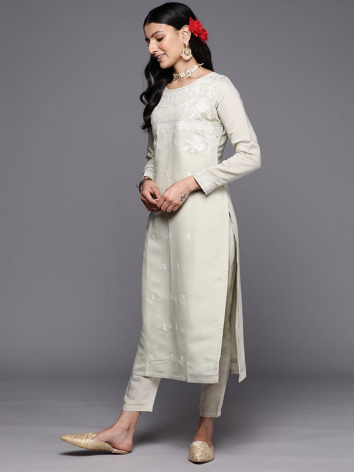 Green Yoke Design Silk Blend Straight Suit Set With Trousers