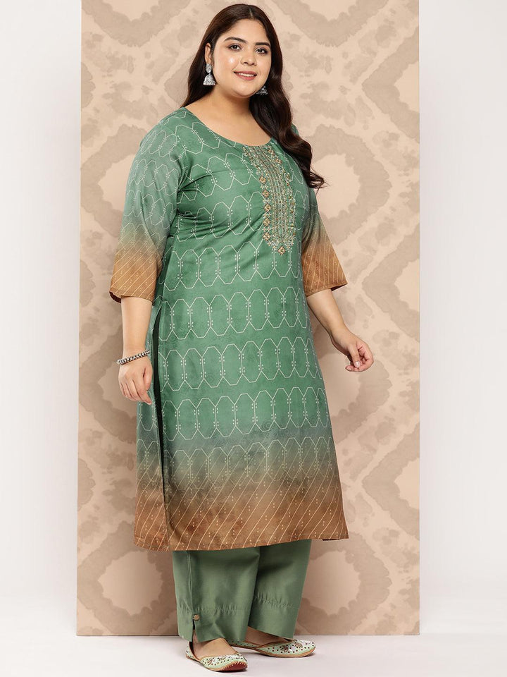 Green Yoke Design Silk Blend Straight Kurta With Trousers and Dupatta