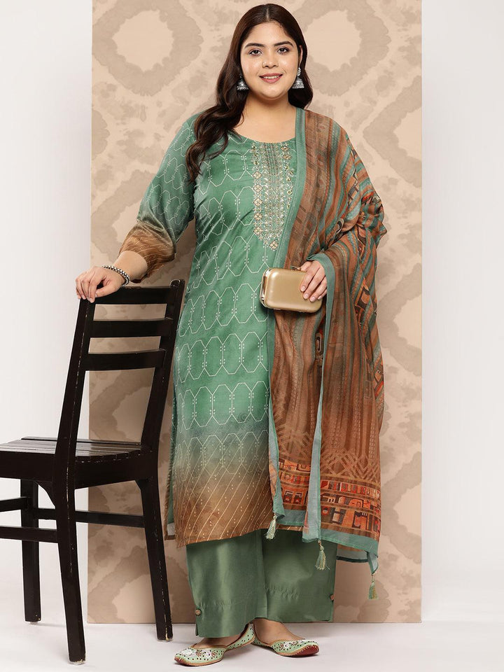 Green Yoke Design Silk Blend Straight Kurta With Trousers and Dupatta