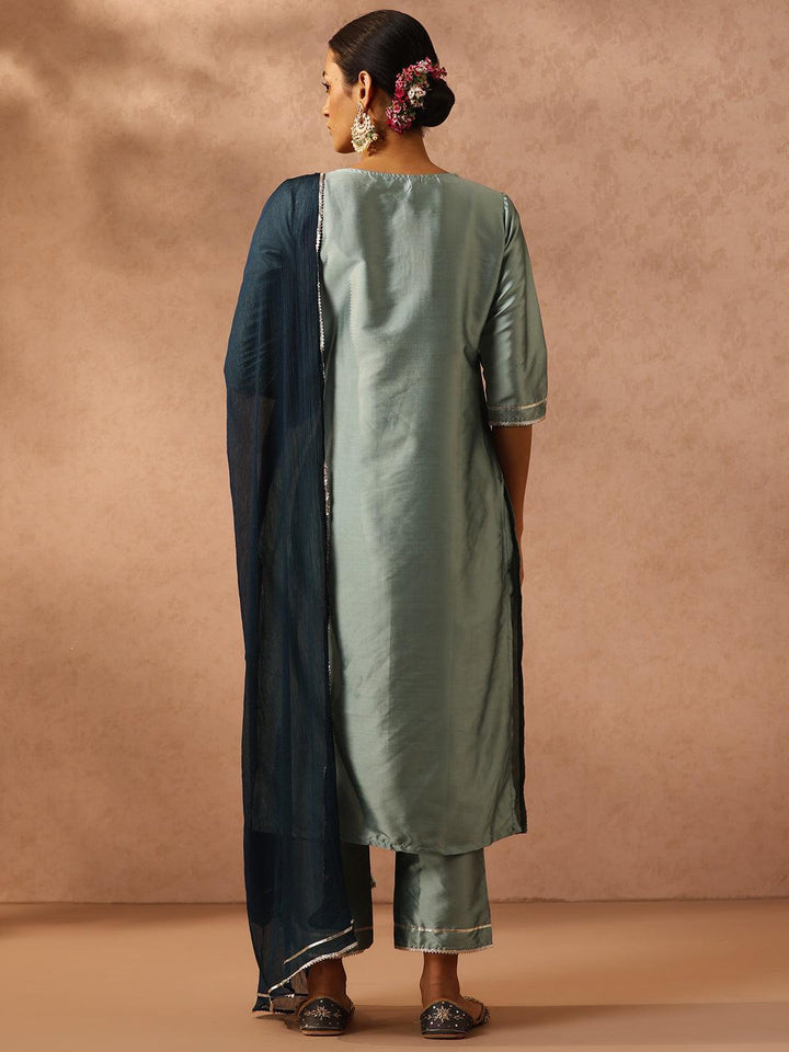 Green Yoke Design Silk Blend Suit Set With Trousers