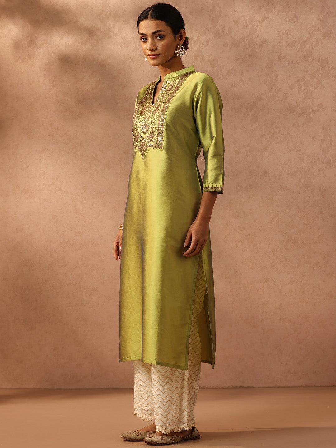 Green Yoke Design Silk Straight Kurta - ShopLibas