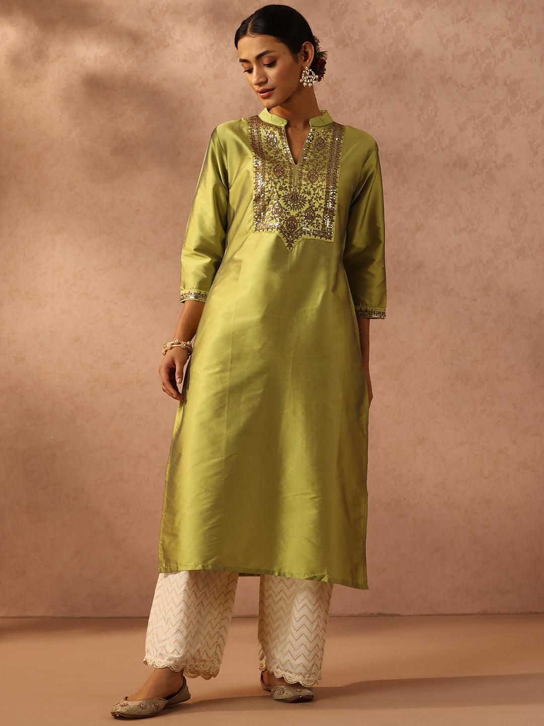 Green Yoke Design Silk Straight Kurta - ShopLibas