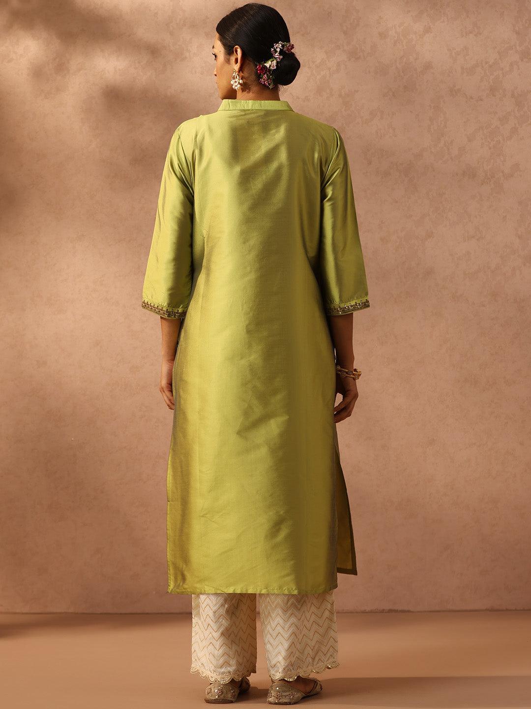 Green Yoke Design Silk Straight Kurta - ShopLibas